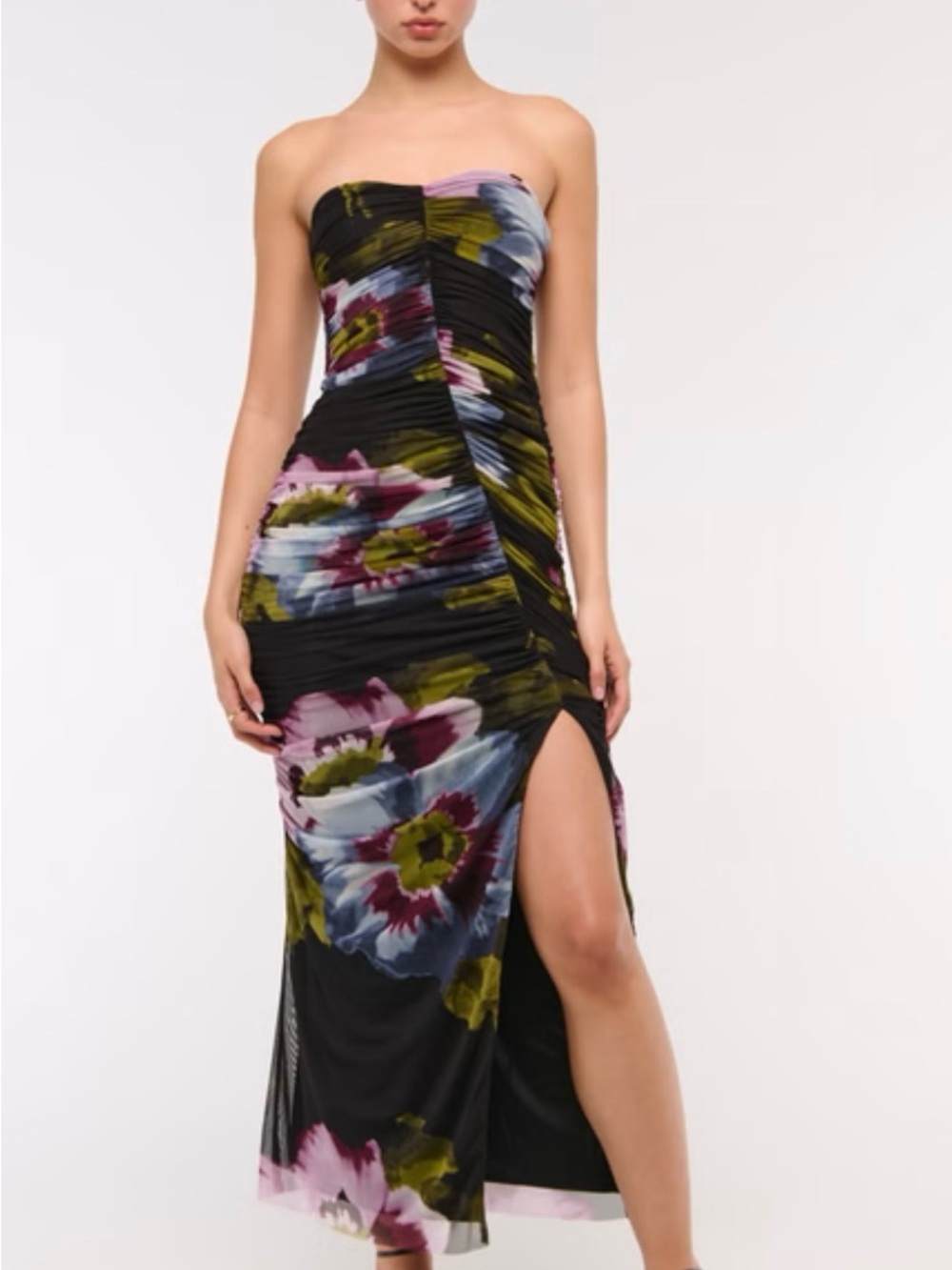 Abercrombie Strapless Ruched Mesh Midi Dress in Black Floral